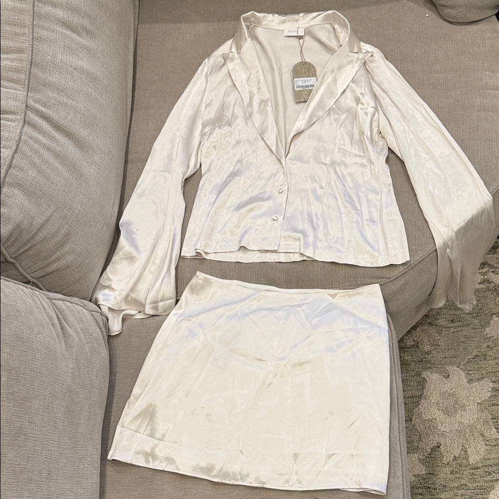 Meshki Ivory Satin Skirt Set - Button Front Top & Mini Skirt